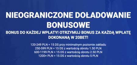 Otrzymaj bonus za każdą wpłatę dokonaną w 20BET!